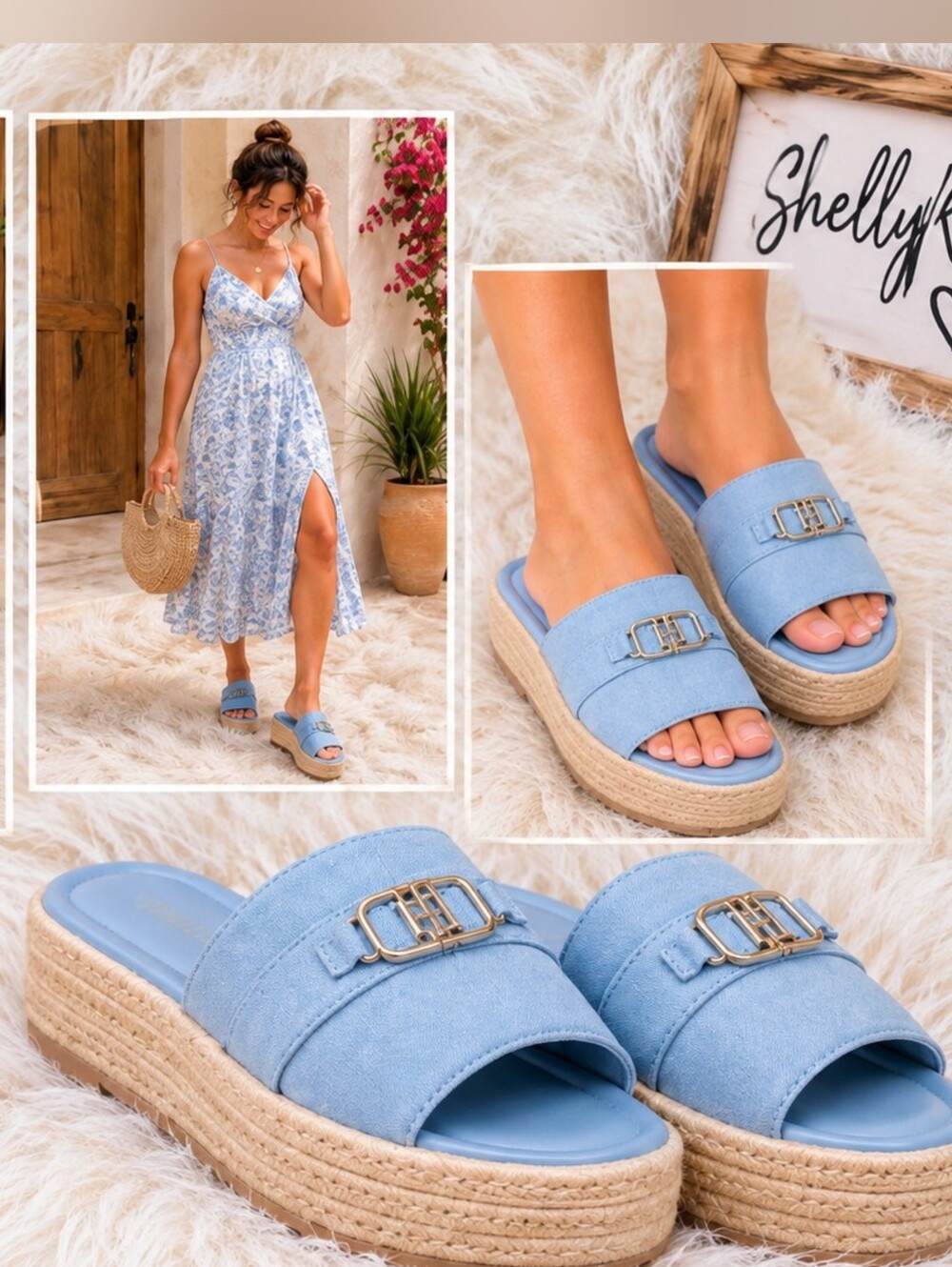 Tommy Hilfiger Blue Platform Espadrille Slide Sandals Women's NWOB